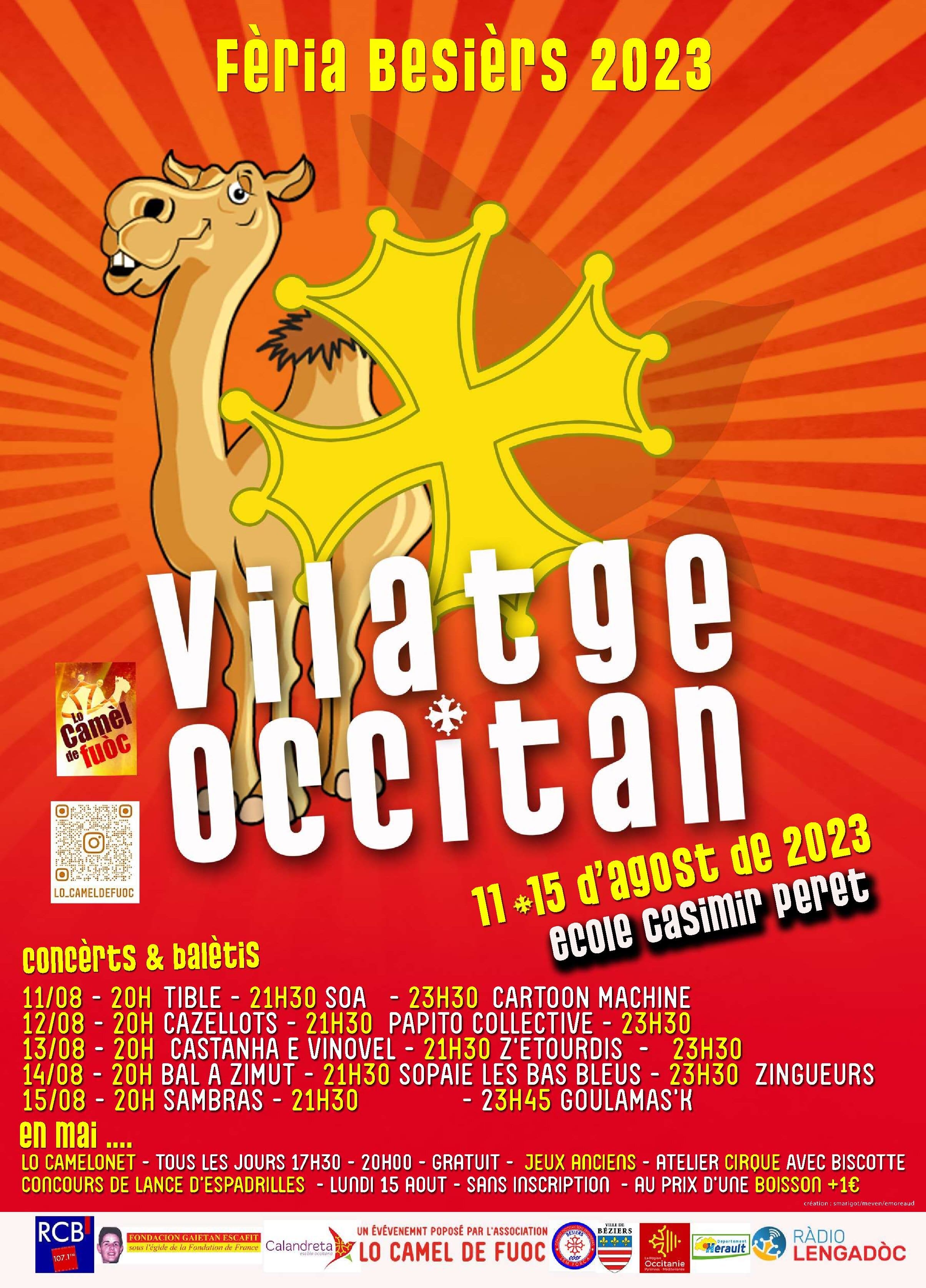 Affiche du Village Occitan de la Féria de Béziers avec Lo Camel De Fuoc